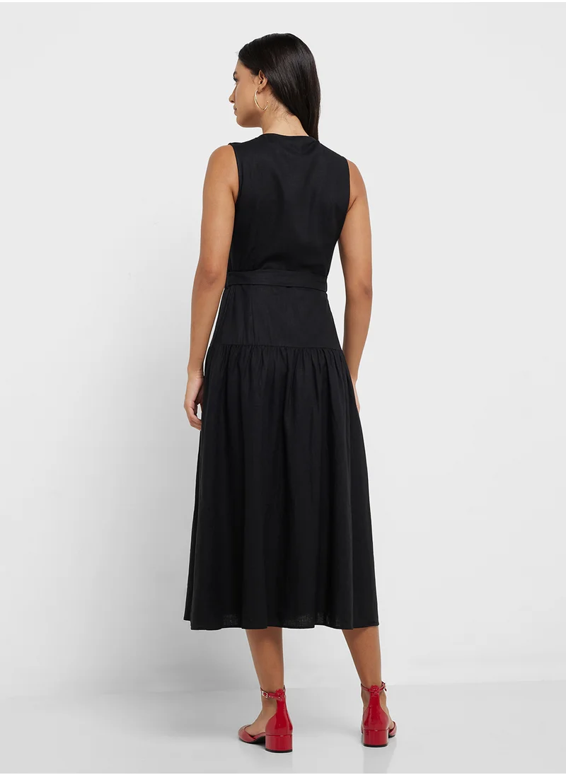 مانجو Linen-Blend Midi-Dress With Belt