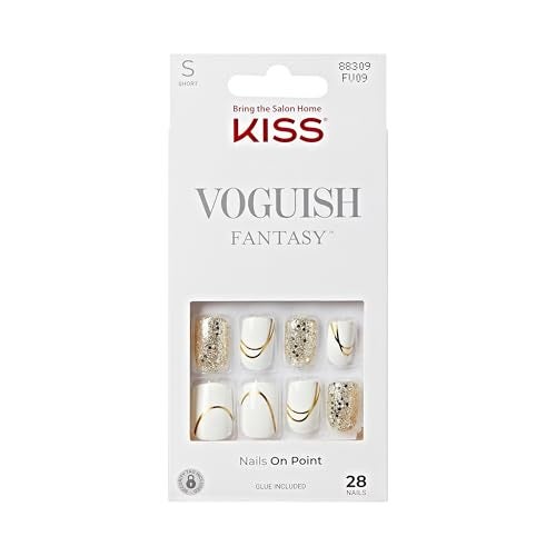 KISS Voguish Fantasy, Press On Nails, Nail glue included, 'Glam and Glow', White, Short Size, Squoval Shape, Includes 28 Nails, 2g glue, 1 Manicure Stick, 1 Mini File - Image 1
