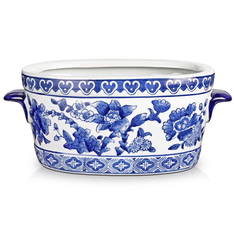 Arborus Blue and White Ceramic Planter Pot â€“ Vintage Floral Oval Cachepot Vase for Indoor Plants, Flowers & Succulents â€“ Glazed Chinese Porcelain Style Decorative Bowl â€“10.6" Size â€“ No Drainage - Image 1
