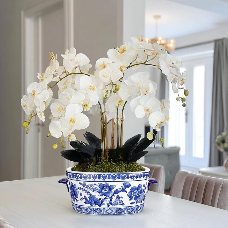 Arborus Blue and White Ceramic Planter Pot â€“ Vintage Floral Oval Cachepot Vase for Indoor Plants, Flowers & Succulents â€“ Glazed Chinese Porcelain Style Decorative Bowl â€“10.6" Size â€“ No Drainage - Image 2