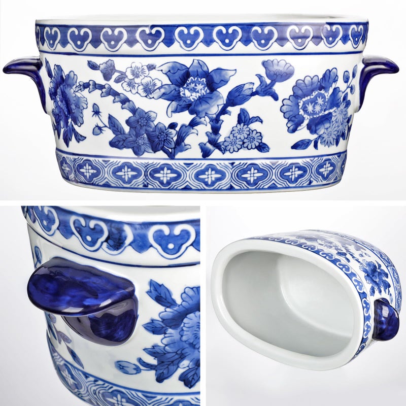 Arborus Blue and White Ceramic Planter Pot â€“ Vintage Floral Oval Cachepot Vase for Indoor Plants, Flowers & Succulents â€“ Glazed Chinese Porcelain Style Decorative Bowl â€“10.6" Size â€“ No Drainage - Image 5