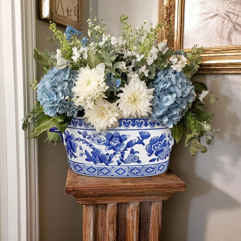 Arborus Blue and White Ceramic Planter Pot â€“ Vintage Floral Oval Cachepot Vase for Indoor Plants, Flowers & Succulents â€“ Glazed Chinese Porcelain Style Decorative Bowl â€“10.6" Size â€“ No Drainage - Image 3
