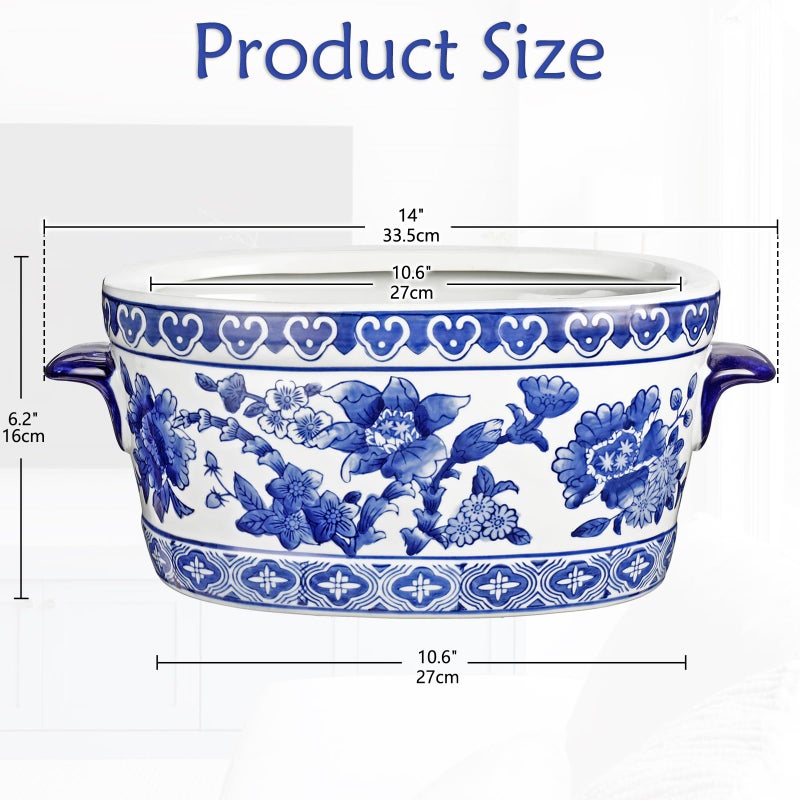 Arborus Blue and White Ceramic Planter Pot â€“ Vintage Floral Oval Cachepot Vase for Indoor Plants, Flowers & Succulents â€“ Glazed Chinese Porcelain Style Decorative Bowl â€“10.6" Size â€“ No Drainage - Image 4