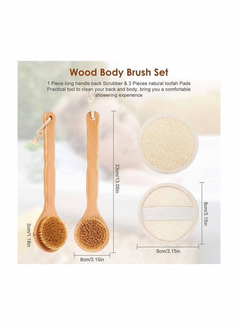 Y&D Wood Body Brush Back Scrubber Bath Shower Brush with Long Handle Dry Skin Exfoliating and Loofah Pad Sponge for Men Spa (4 Pieces) - Image 3