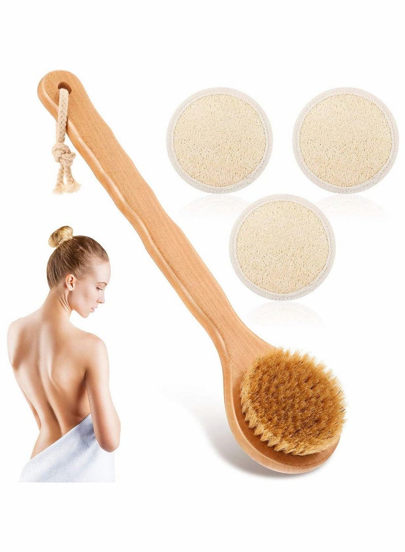 Y&D Wood Body Brush Back Scrubber Bath Shower Brush with Long Handle Dry Skin Exfoliating and Loofah Pad Sponge for Men Spa (4 Pieces) - Image 1