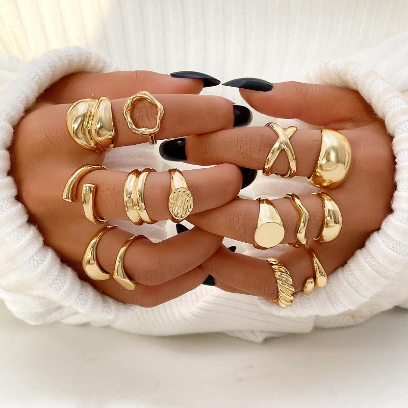 IFKM Gold Chunky Jewelry Set For Women, 14k Gold Plated Multi Layer Necklaces Bracelets Stackable Knuckle Rings Hoop Earrings Set, Trendy Elegance Charms Non Tarnish Minimalist Textured Boho Jewelry Gift - Image 5