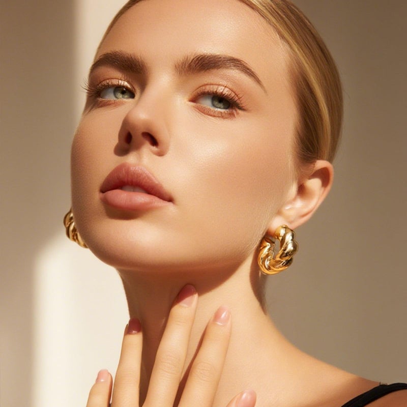 IFKM Gold Chunky Jewelry Set For Women, 14k Gold Plated Multi Layer Necklaces Bracelets Stackable Knuckle Rings Hoop Earrings Set, Trendy Elegance Charms Non Tarnish Minimalist Textured Boho Jewelry Gift - Image 4