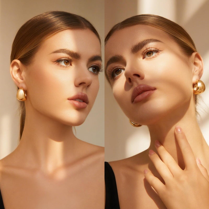 IFKM Gold Chunky Jewelry Set For Women, 14k Gold Plated Multi Layer Necklaces Bracelets Stackable Knuckle Rings Hoop Earrings Set, Trendy Elegance Charms Non Tarnish Minimalist Textured Boho Jewelry Gift - Image 2