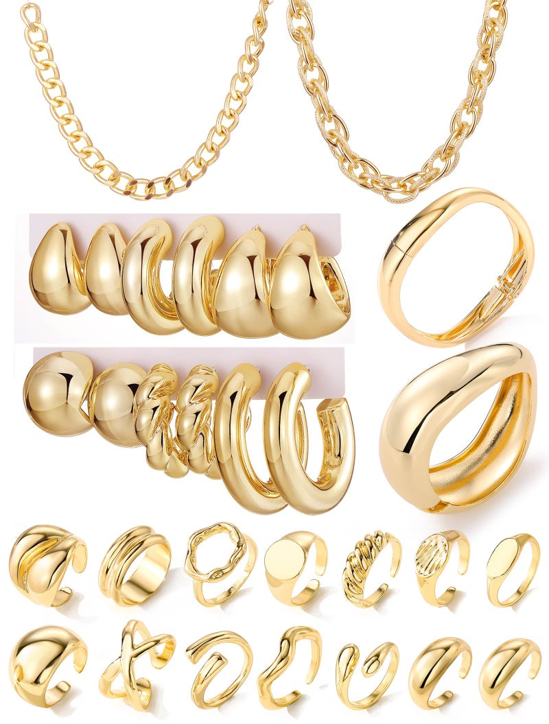 IFKM Gold Chunky Jewelry Set For Women, 14k Gold Plated Multi Layer Necklaces Bracelets Stackable Knuckle Rings Hoop Earrings Set, Trendy Elegance Charms Non Tarnish Minimalist Textured Boho Jewelry Gift - Image 1
