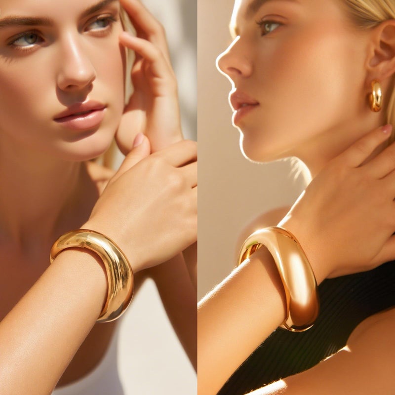 IFKM Gold Chunky Jewelry Set For Women, 14k Gold Plated Multi Layer Necklaces Bracelets Stackable Knuckle Rings Hoop Earrings Set, Trendy Elegance Charms Non Tarnish Minimalist Textured Boho Jewelry Gift - Image 3