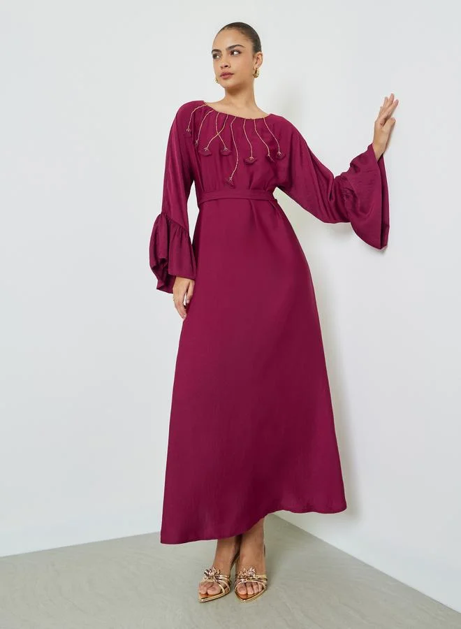 Elena By DStyle Maroon Beaded Maxi Dress with Bell Sleeves