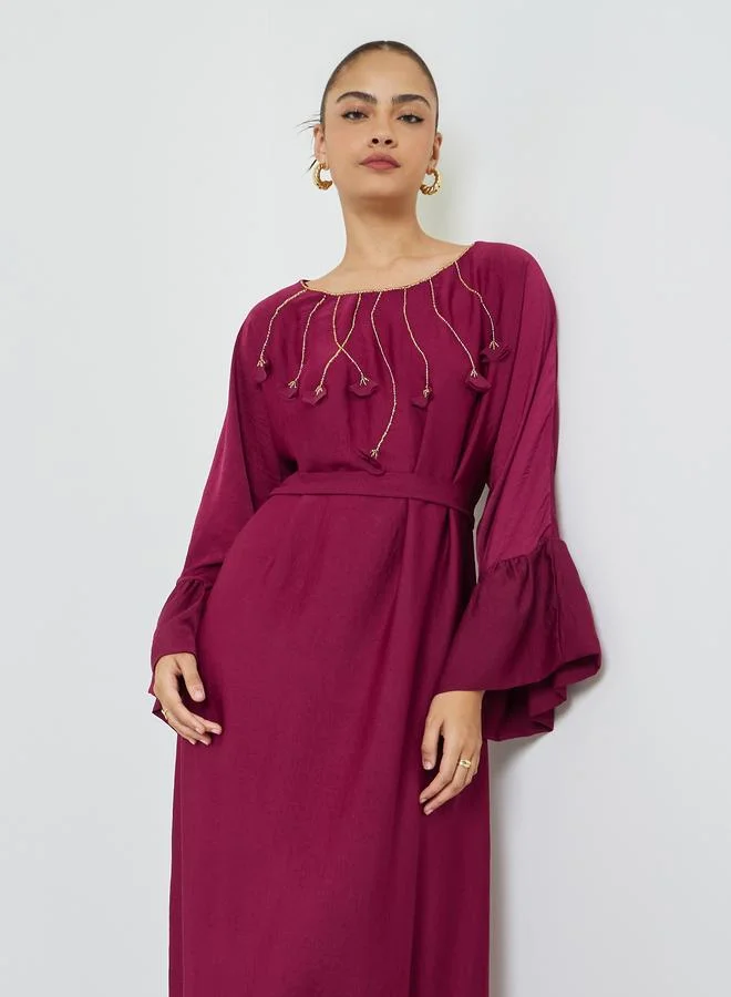 Elena By DStyle Maroon Beaded Maxi Dress with Bell Sleeves