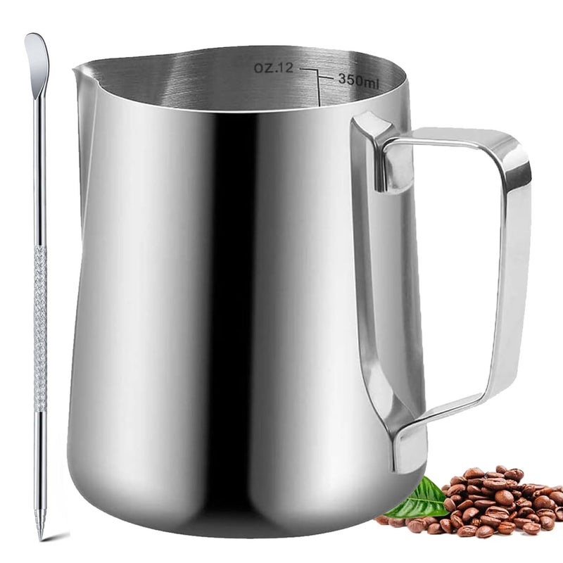 HZJSPXC Milk Frother Cup, 12oz (350ml) Milk Frothing Pitcher Metal 304 Stainless Steel Steamer Cup, Coffee Milk Cappuccino Latte Art Barista Steaming Pitcher Espresso Jug with Decorating Pen - Image 1