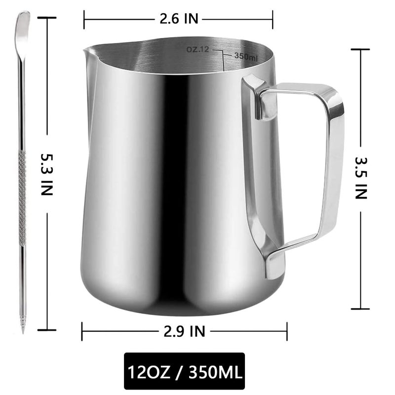 HZJSPXC Milk Frother Cup, 12oz (350ml) Milk Frothing Pitcher Metal 304 Stainless Steel Steamer Cup, Coffee Milk Cappuccino Latte Art Barista Steaming Pitcher Espresso Jug with Decorating Pen - Image 3