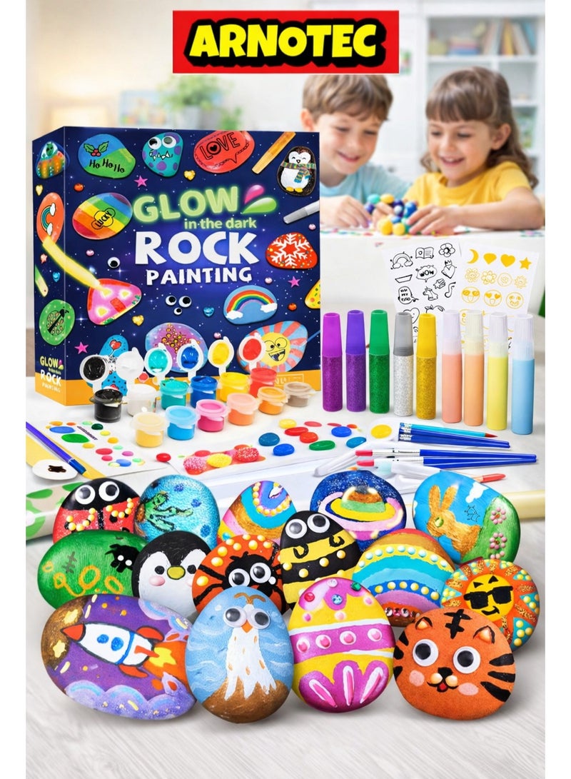 ARNOTEC Glow in the Dark Rock Painting Kit for Kids – 10 Stones, 17 Paint Colors, Waterproof & Metallic Paints – DIY Arts and Crafts Gift for Boys and Girls Ages 4-12 - Image 1