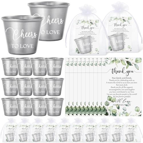 Uiifan 25 Set Wedding Favors for Guests Bulk Shot Glasses Cheers to Love Stainless Steel Shot Glasses with Thank You Cards Organza Bags for Guest Wedding Newlyweds Bridal Shower Gifts Souvenir - Image 1