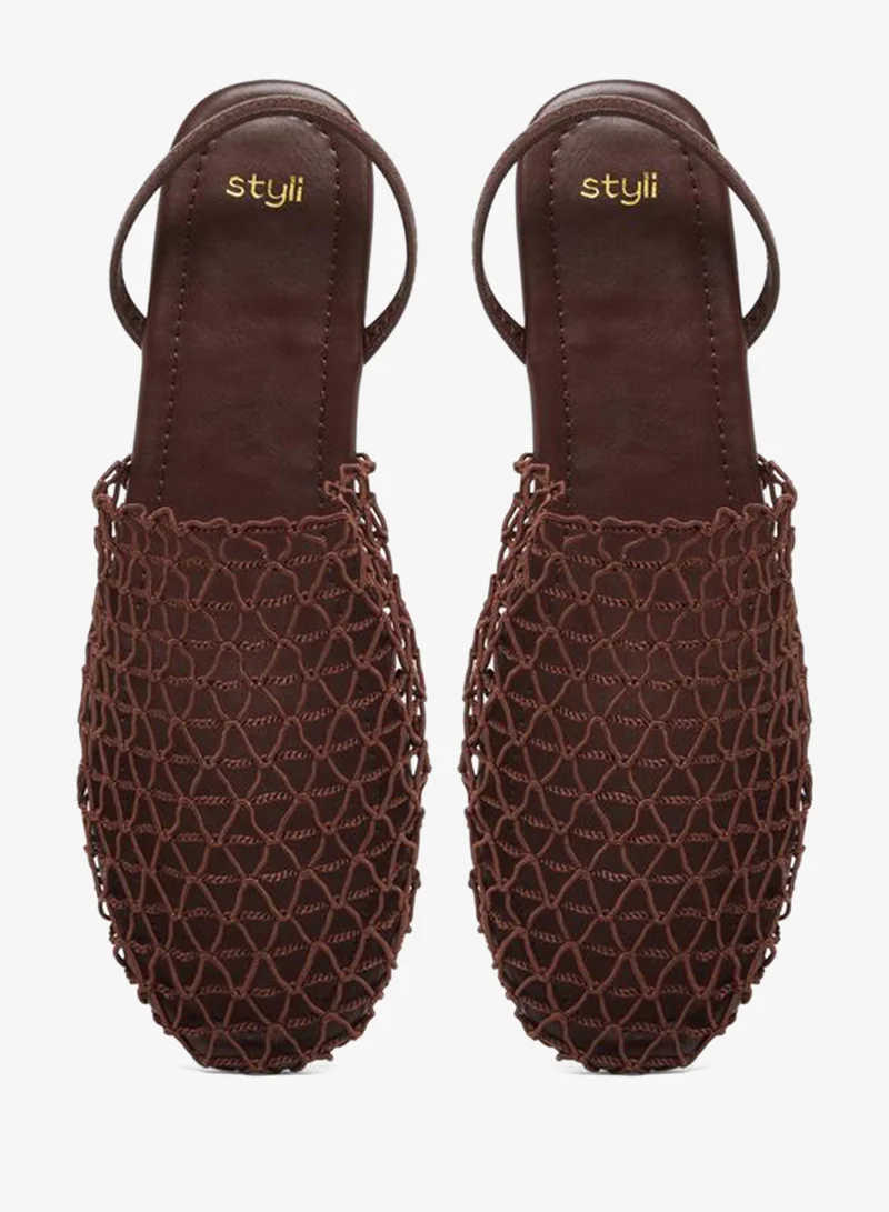 Styli  Women Brown Crochet Flat Slingback Sandals for Women | Best Price UAE