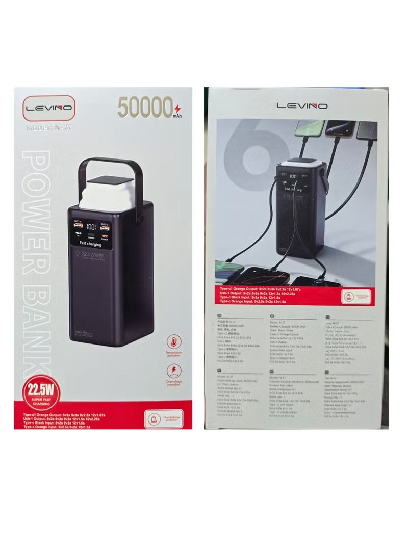 LEVINO 50000mAh Power Bank with Digital Display, 22.5W Fast Charging, Dual USB & Dual Type-C Ports, 4 Built-in Cables (USB, Lightning, Type-C, Mini USB), LED Light Portable Charger for Multi-Device Use - Image 3