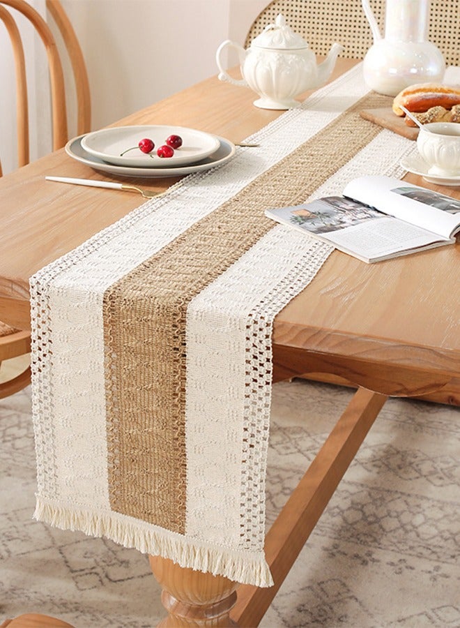 Color-blocked tassel long table runner cotton linen tablecloth 30*180cm 