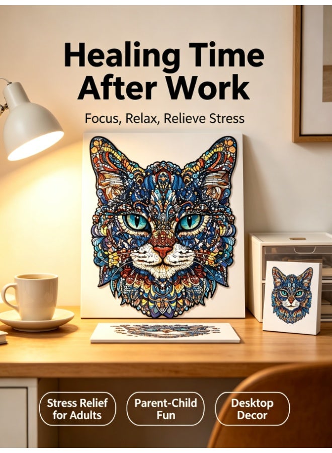 CityRiya-Long Unique Animal Shaped Wooden Jigsaw Puzzle, 212 Piece Mandala Art Cat Wooden Puzzle, Handmade Decorative Puzzle Artwork For Living Room Home Ornament Gift (JJYM-25115-L) - Image 4