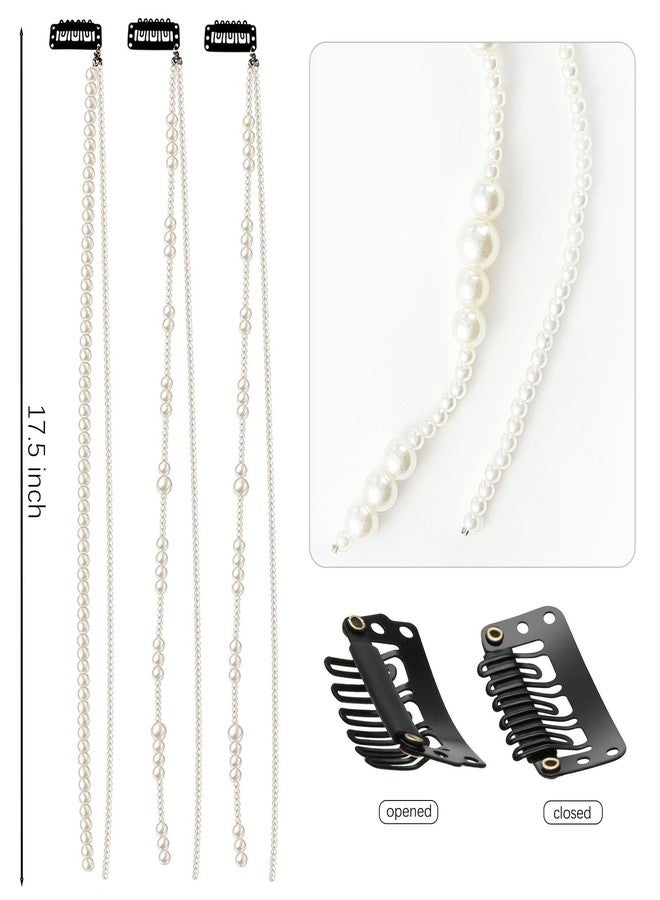 Belicia 3 Pcs Premium Faux Pearl beads strands Hair Clip In Hair Braiding clips Long Hair Extension Hair Chain DIY Accessories Fashion Hair Band Hair Accessories for Women Girls (White) - Image 4
