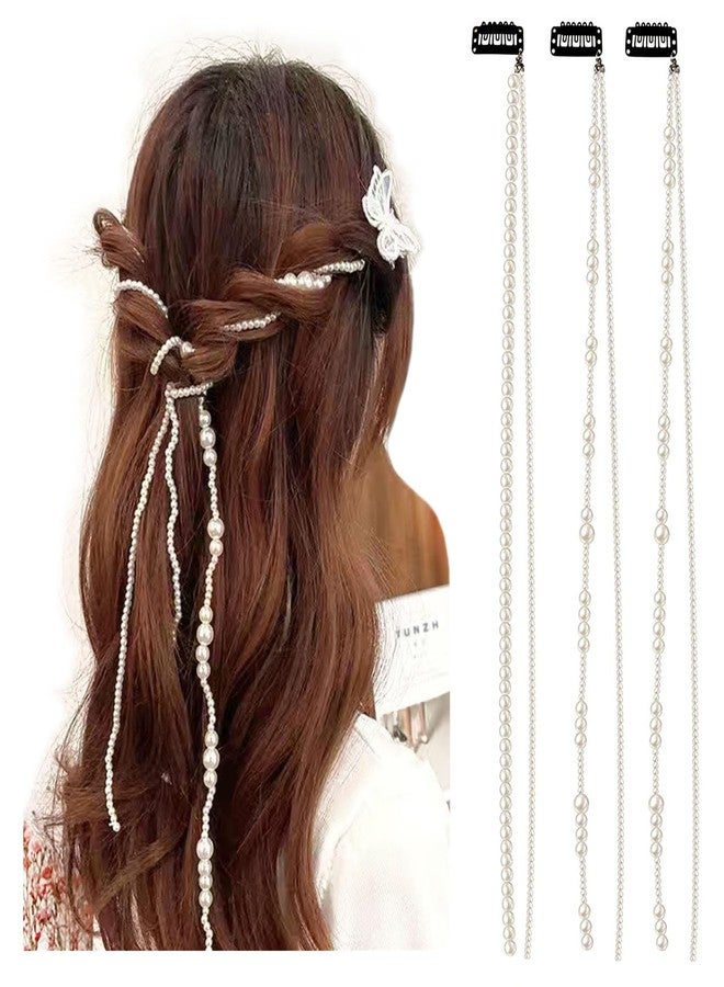 Belicia 3 Pcs Premium Faux Pearl beads strands Hair Clip In Hair Braiding clips Long Hair Extension Hair Chain DIY Accessories Fashion Hair Band Hair Accessories for Women Girls (White) - Image 1