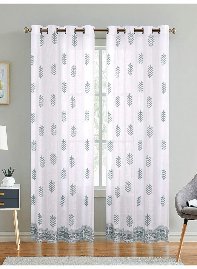 LINENWALAS - LINENWALAS Cotton Linen Leaf Design Sheer Curtain Set with Eyelet Rings Non Blackout Door Curtain - Set of 2 - Leaf Design- 4.5ft x 8ft - Image 1