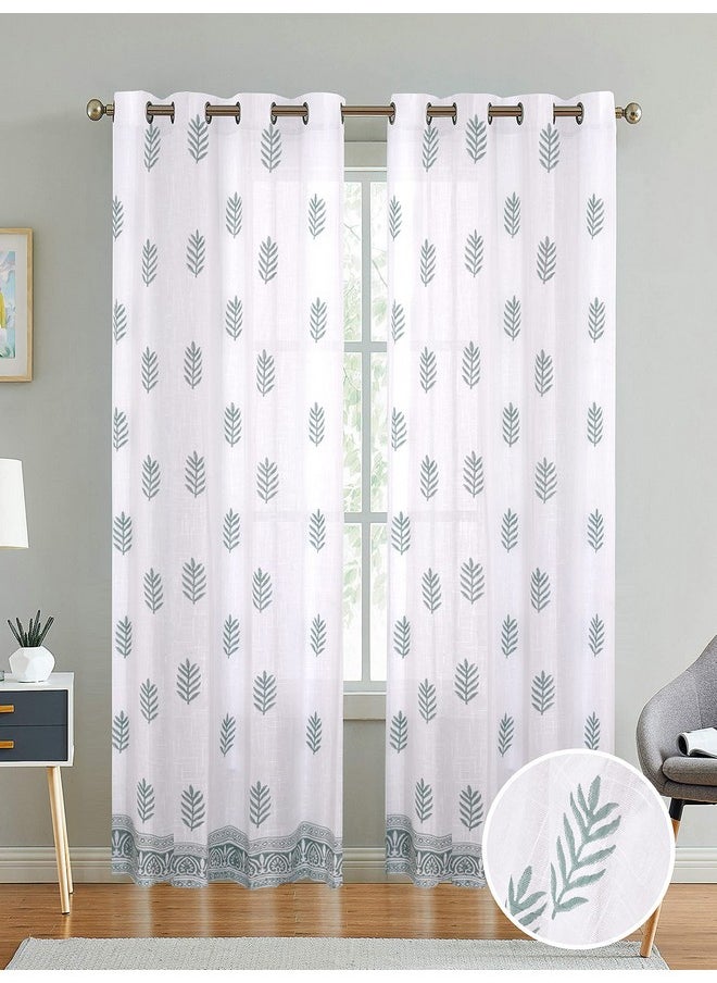 LINENWALAS - LINENWALAS Cotton Linen Leaf Design Sheer Curtain Set with Eyelet Rings Non Blackout Door Curtain - Set of 2 - Leaf Design- 4.5ft x 8ft - Image 1