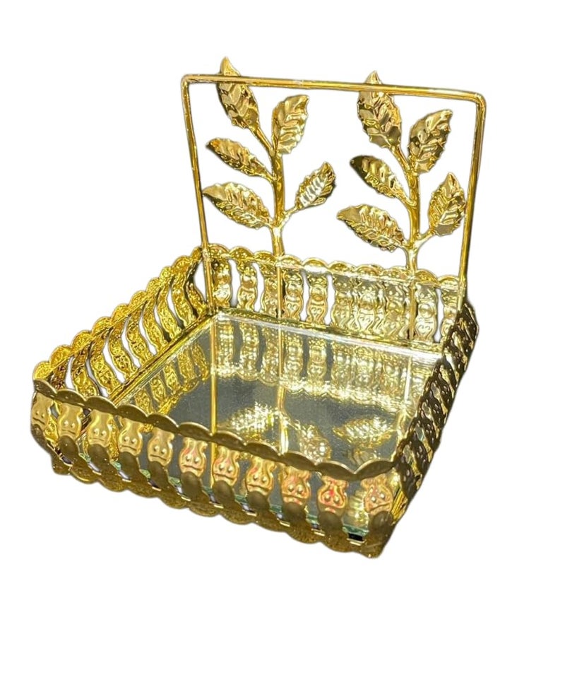Ditya Crafts Beautiful Designer Flower Leaf Shape Golden Metal Mirror Base Square Tray 4 Set of 2 Elegant Decorative Trays for Home Decor Diwali Decorations Parties Gifts - Image 1