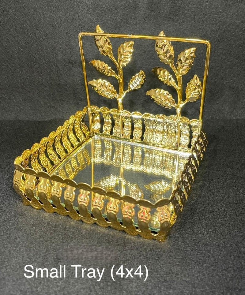Ditya Crafts Beautiful Designer Flower Leaf Shape Golden Metal Mirror Base Square Tray 4 Set of 2 Elegant Decorative Trays for Home Decor Diwali Decorations Parties Gifts - Image 2