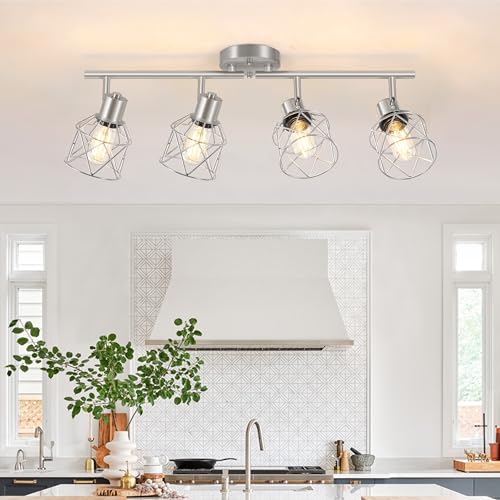 Baocuz 4-Light Kitchen Lighting Fixtures, Adjustable Multi-Directional Brushed Nickel Track Ceiling Light, Semi Flush Mount Ceiling Spotlight with Wire Cages for Living Room, Bedroom, Hallway - Image 1