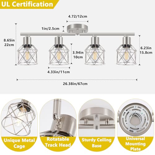 Baocuz 4-Light Kitchen Lighting Fixtures, Adjustable Multi-Directional Brushed Nickel Track Ceiling Light, Semi Flush Mount Ceiling Spotlight with Wire Cages for Living Room, Bedroom, Hallway - Image 2