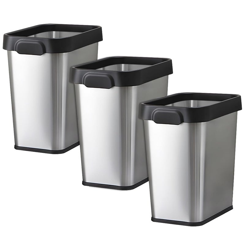 TooCust 3 Pack Stainless Steel Trash Can 3 Gallon, Open Top Trash Can, 8" x 11" x 13", Rectangle Rubbish Bin, Slim and Narrow, No Lid Small Wastebasketfor Kitchen, Bathroom, Living Room, Office - Image 1