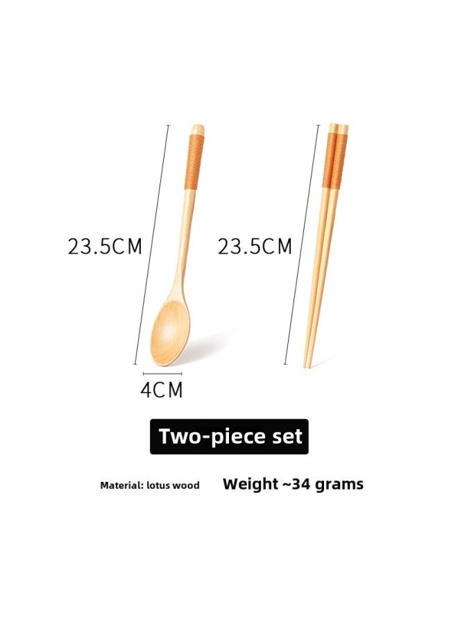 Solid Wood Spoon And Chopsticks Set Two-piece Japanese Style Wooden Chopsticks Travel Tableware Household Portable Nanmu Spoon And Chopsticks Set Lotus-Specifications:23.5 Log Color Wrapped Khaki Spoon Chopsticks Set  - Image 1