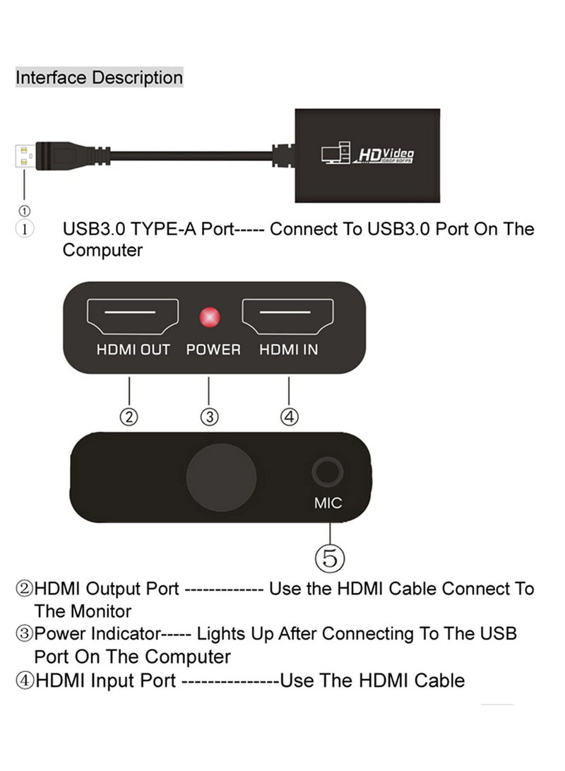 صندوق تسجيل فيديو ألعاب بدقة 1080P لبث مباشر، دونجل متوافق مع HDMI إلى USB 3.0 لجهاز PS3 و PS4، تشغيل/تسجيل في نفس الوقت مع كاميرا - Image 2