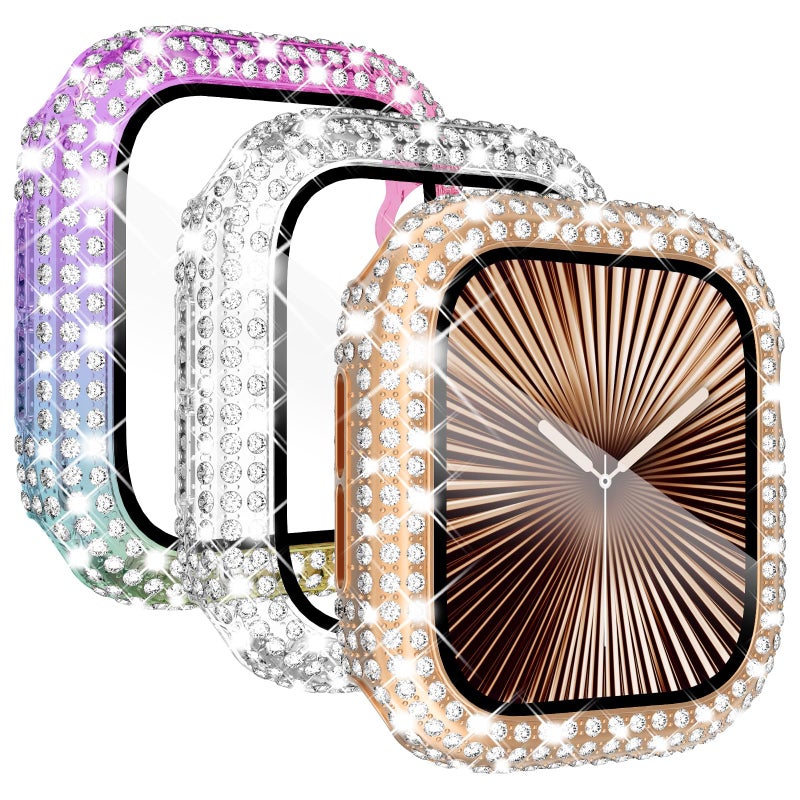 KADES 3-Pack Bling Cases Compatible with Apple Watch Series 11 10 46mm Full Diamond with Built-in Screen Protector for Apple Watch (46mm, Rose Gold/Iridescent/Clear) - Image 1