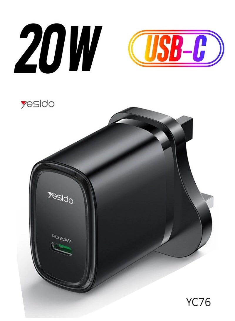Yesido YC76 PD 20W USB Type-C Single Port Quick Charger – Fast Charging for Smartphones, Tablets, and More – Power Delivery (PD) Technology – Compatible with iPhone, Samsung, Android Devices – Compact & Lightweight – Ideal for Home, Office, and Travel Use  Black - Image 1