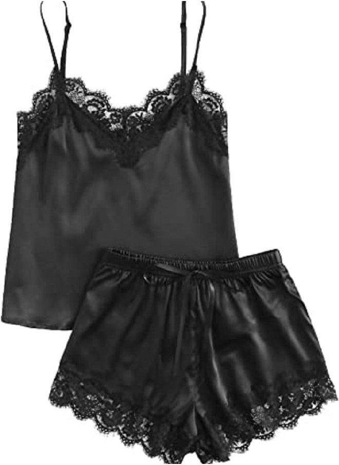 Generic - Large Nightwear Women's Lace Satin Sleepwear Cami Top and Shorts Lace Trim Strap Pajama Set - Image 1