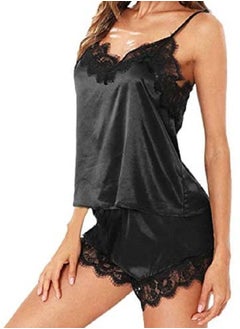 Large Nightwear Women's Lace Satin Sleepwear Cami Top and Shorts Lace Trim Strap Pajama Set