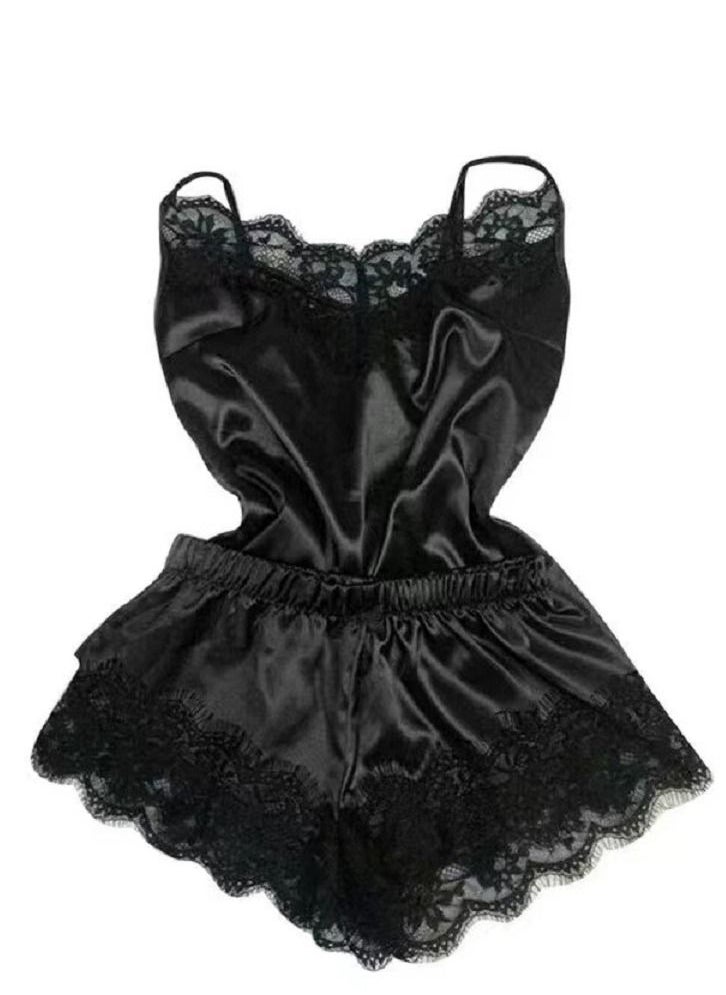 Generic - Large Nightwear Women's Lace Satin Sleepwear Cami Top and Shorts Lace Trim Strap Pajama Set - Image 1