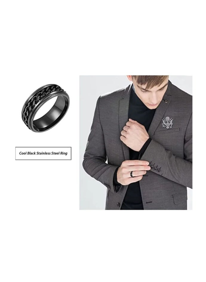 خواتم عتيقة، مجموعة من 4 خواتم عادية للرجال، خواتم من الفولاذ المقاوم للصدأ للرجال، خاتم زفاف، خواتم دوارة رائعة للرجال، مجموعة خاتم من الفولاذ المقاوم للصدأ الأسود، خاتم لمكافحة القلق بعرض 8 ملم - Image 4