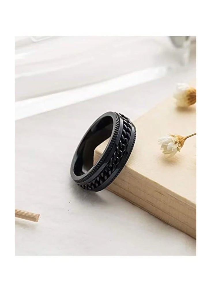 خواتم عتيقة، مجموعة من 4 خواتم عادية للرجال، خواتم من الفولاذ المقاوم للصدأ للرجال، خاتم زفاف، خواتم دوارة رائعة للرجال، مجموعة خاتم من الفولاذ المقاوم للصدأ الأسود، خاتم لمكافحة القلق بعرض 8 ملم - Image 3