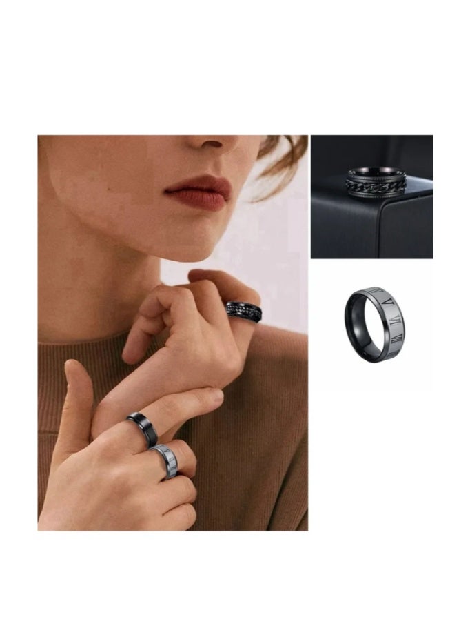 خواتم عتيقة، مجموعة من 4 خواتم عادية للرجال، خواتم من الفولاذ المقاوم للصدأ للرجال، خاتم زفاف، خواتم دوارة رائعة للرجال، مجموعة خاتم من الفولاذ المقاوم للصدأ الأسود، خاتم لمكافحة القلق بعرض 8 ملم - Image 2