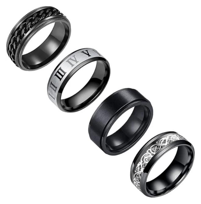 خواتم عتيقة، مجموعة من 4 خواتم عادية للرجال، خواتم من الفولاذ المقاوم للصدأ للرجال، خاتم زفاف، خواتم دوارة رائعة للرجال، مجموعة خاتم من الفولاذ المقاوم للصدأ الأسود، خاتم لمكافحة القلق بعرض 8 ملم - Image 1