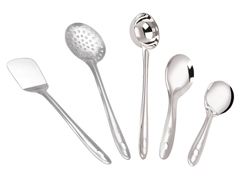 Petals Stainless Steel Cooking and Serving Spoon Set, 5-Pieces, Silver - Image 1