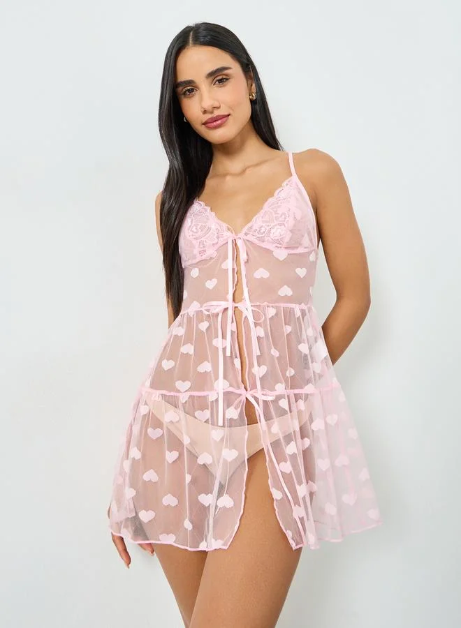 Take Two Pink Lace and Heart Pattern Babydoll