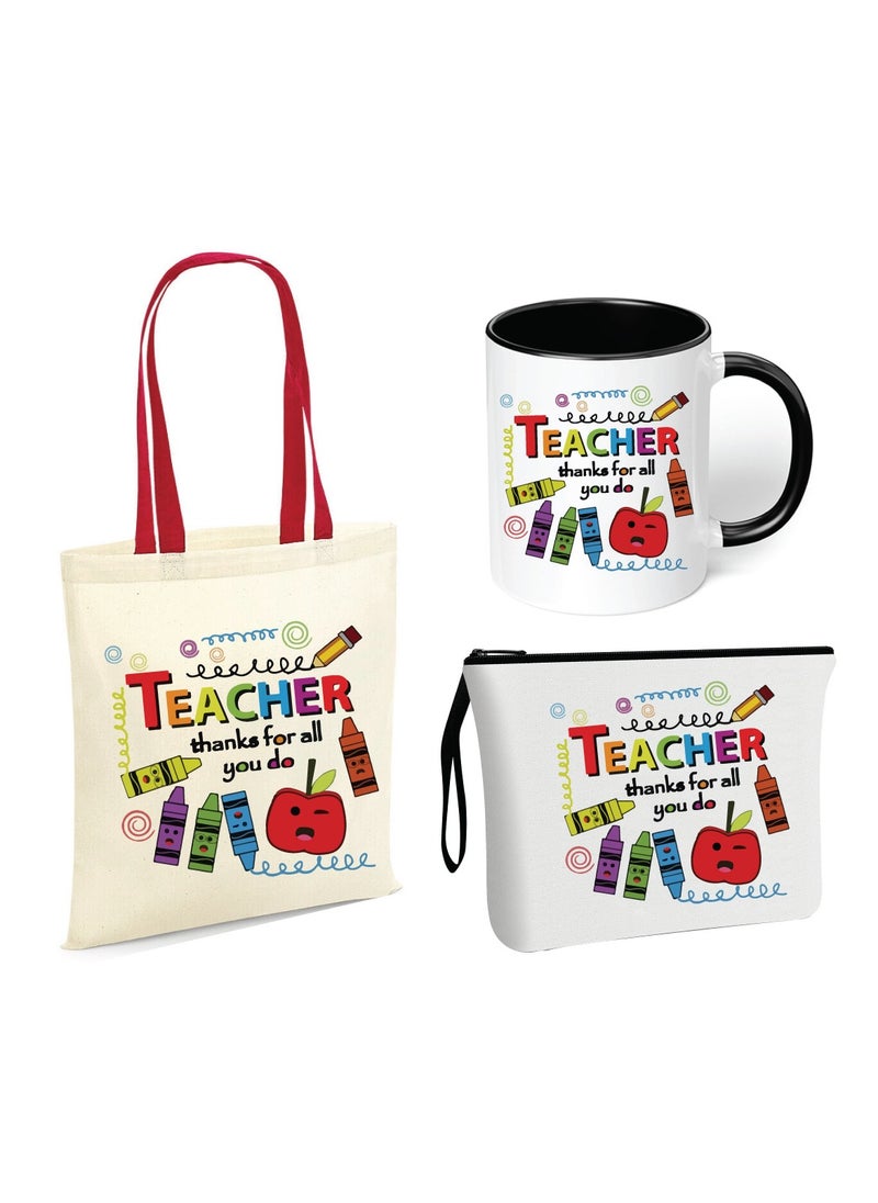 PRINTSHOP4ME Teacher's Day Gift Combo Stylish Red handled Cotton bag - Two Tone Black Mugs and Cosmetic Pouch - Pack of 3 Combo Set - World Teachers Day  - Image 1
