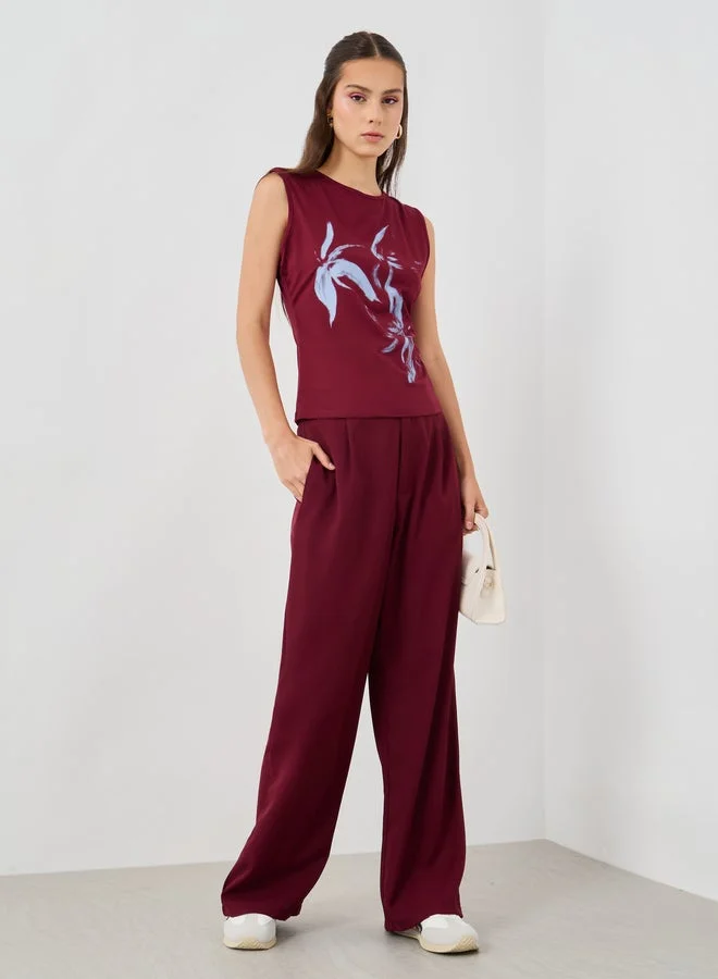 تايك تو بلوزة بدون أكمام بياقة مستديرة وطبعة زهور