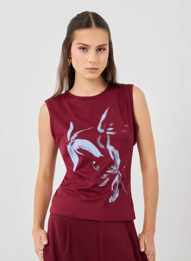 تايك تو بلوزة بدون أكمام بياقة مستديرة وطبعة زهور