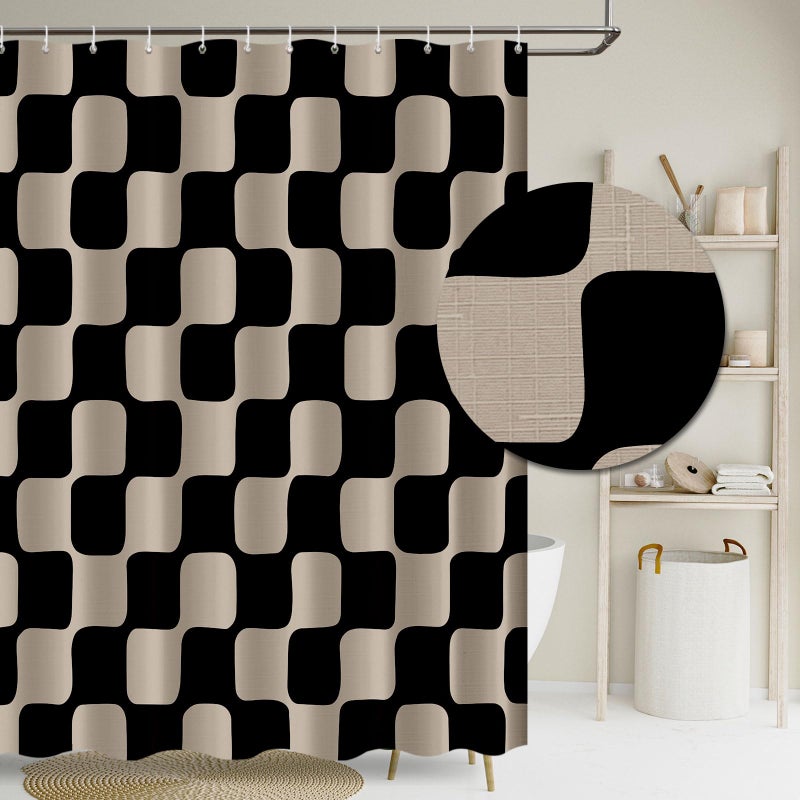 Tititex Retro Checkerboard Grid Pattern 140gsm Faux Linen Fabric Shower Curtain, Black Brown Classical Groovy Wavy Checkered Shower Curtain Sets Decoration 72x72 Inch with Hooks - Image 1